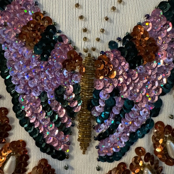 Lucia Burns Butterfly Embellished Knit Beaded Sequins Fitted Top Large Y2K NWT - Picture 3 of 16